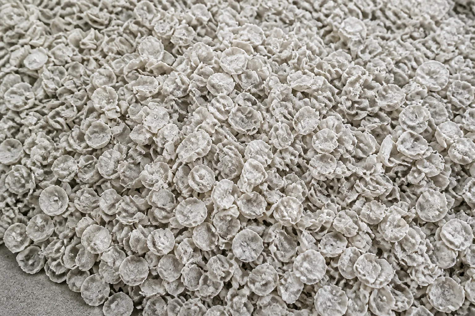 Dense bed of off-white plastic film flakes curled into small rounded discs and spread out flat.