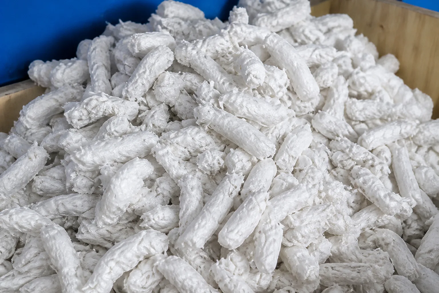 Chunky white semi-molten plastic slices with fibrous stretched surfaces heaped inside a blue-walled container.