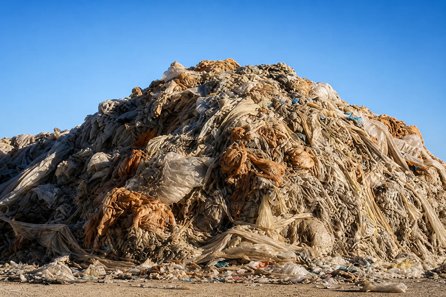 Large outdoor heap of dirty agricultural plastic film in bleached grey, tan and rust-orange tones, streaked with dried soil.