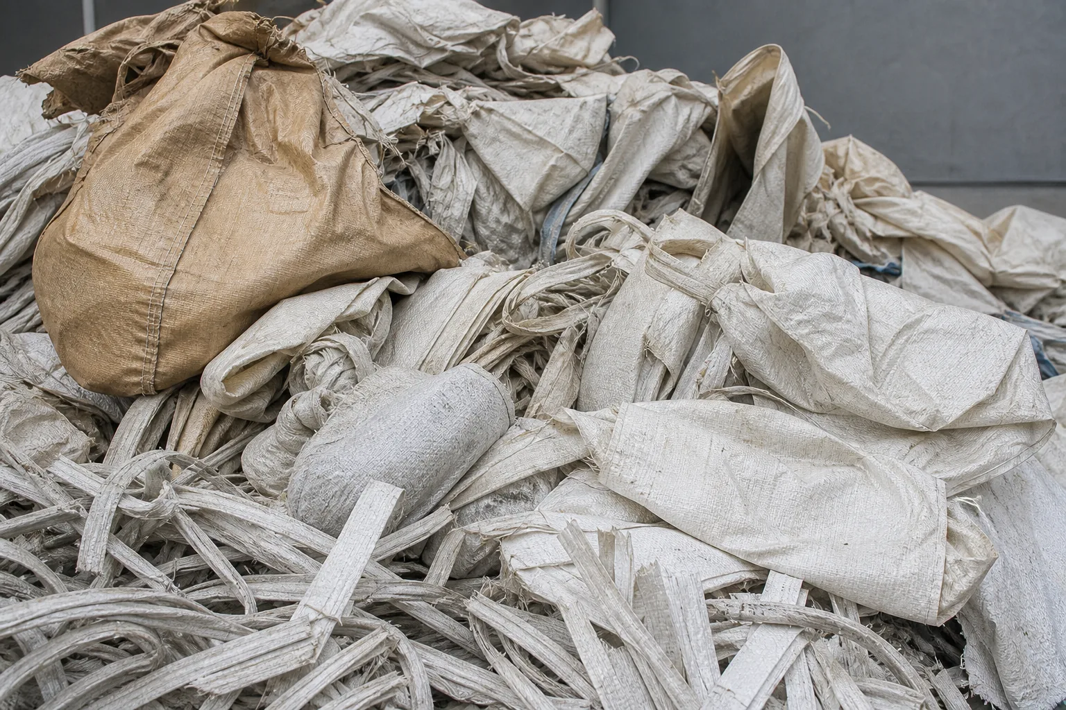 Indoor pile of used PP woven bags with one tan bulk bag on the left and flattened woven strips across the concrete floor.