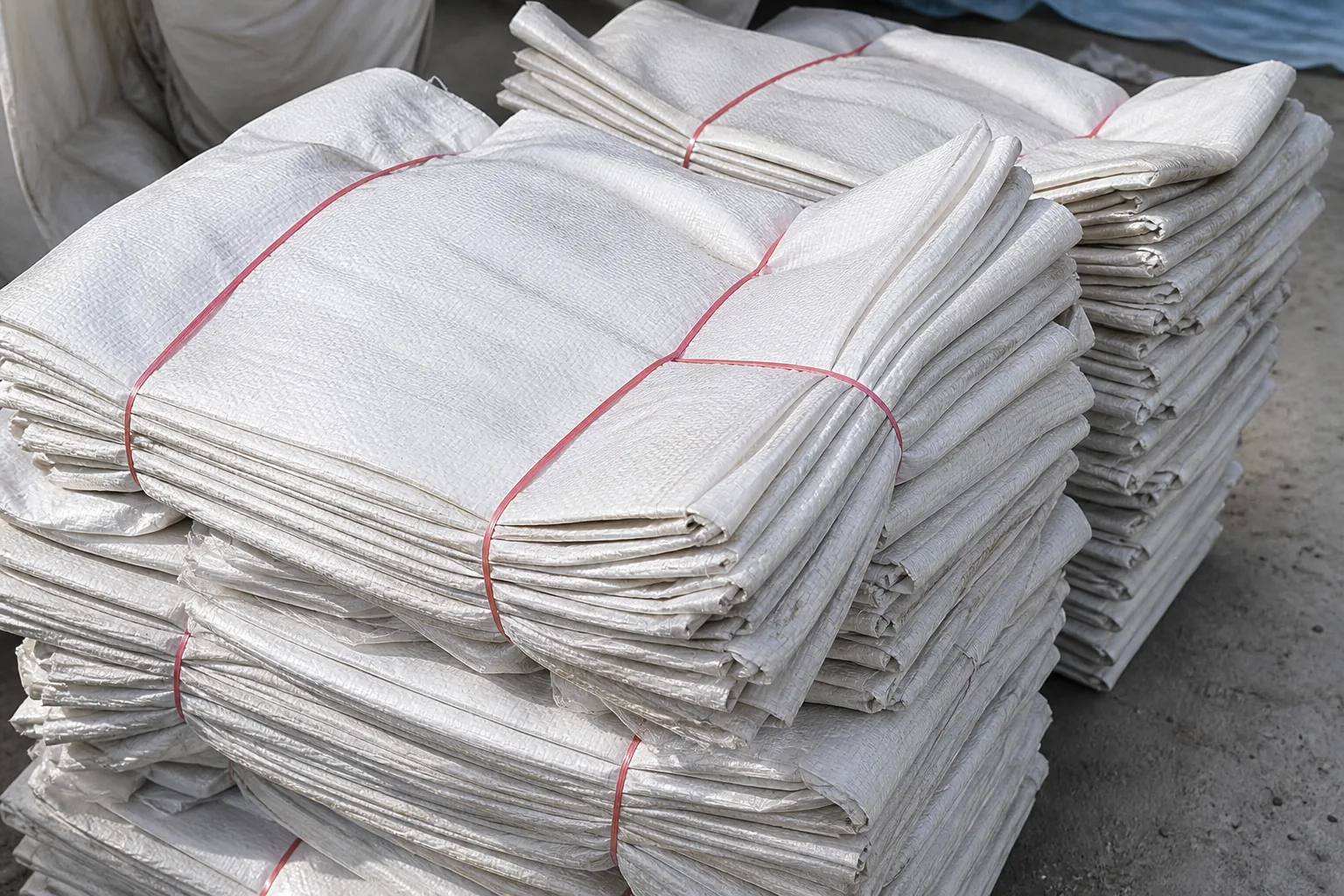 Two bundles of flattened white woven polypropylene sacks stacked in layers and tied with thin red strapping.