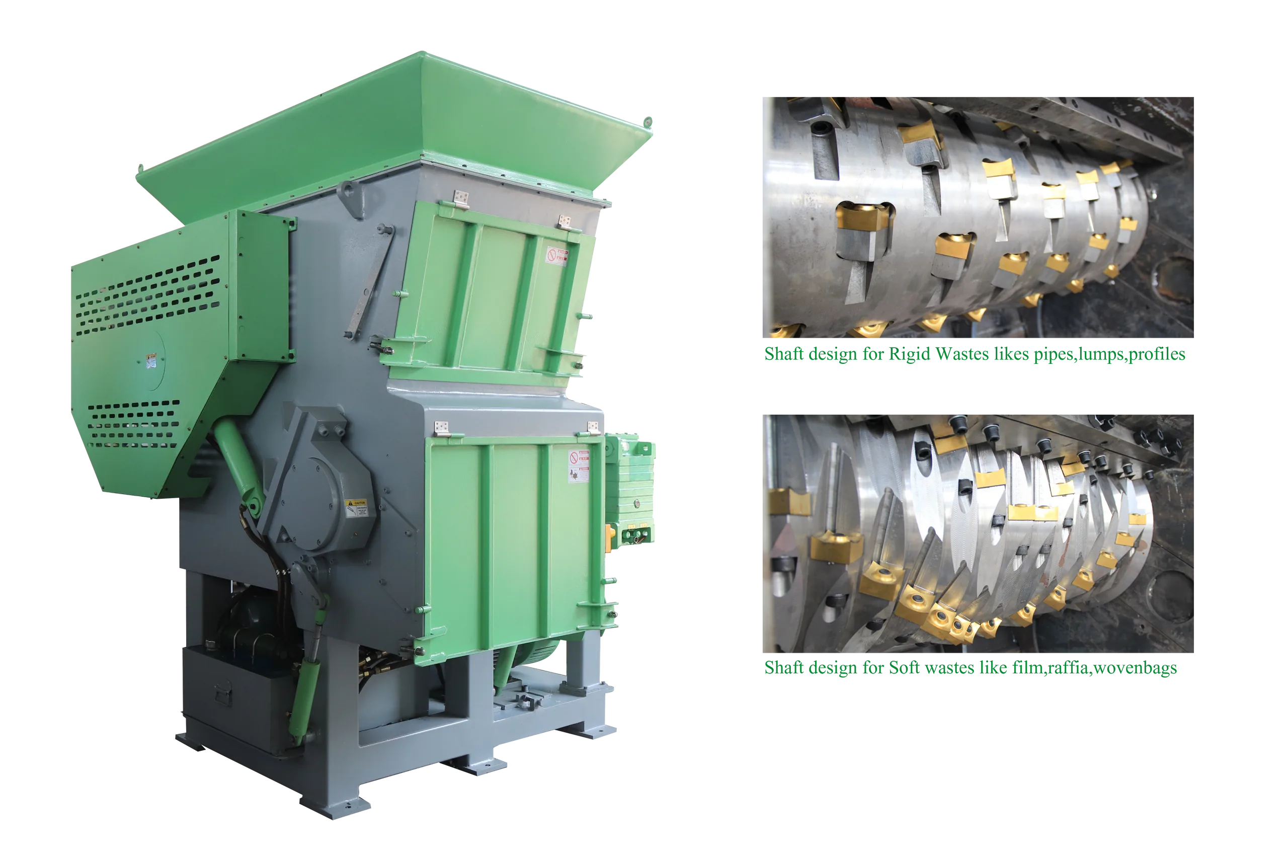 Green single-shaft shredder shown beside two close-up views of its rotor, one fitted with square blades and one with angled blades.