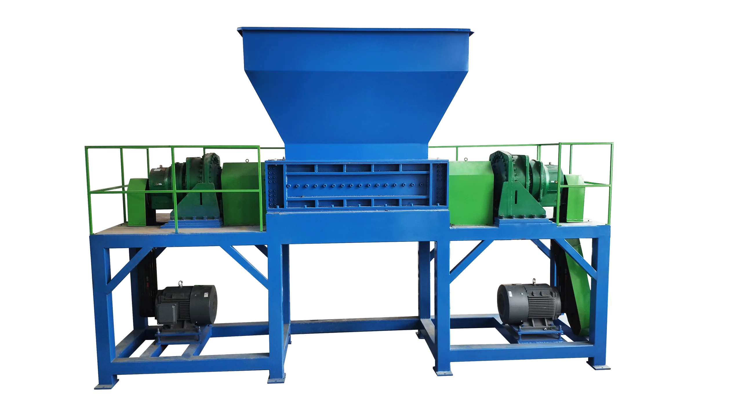 Blue shear-type twin-shaft shredder with a wide feed hopper above the cutting chamber and a gear-motor drive on each side of the frame.