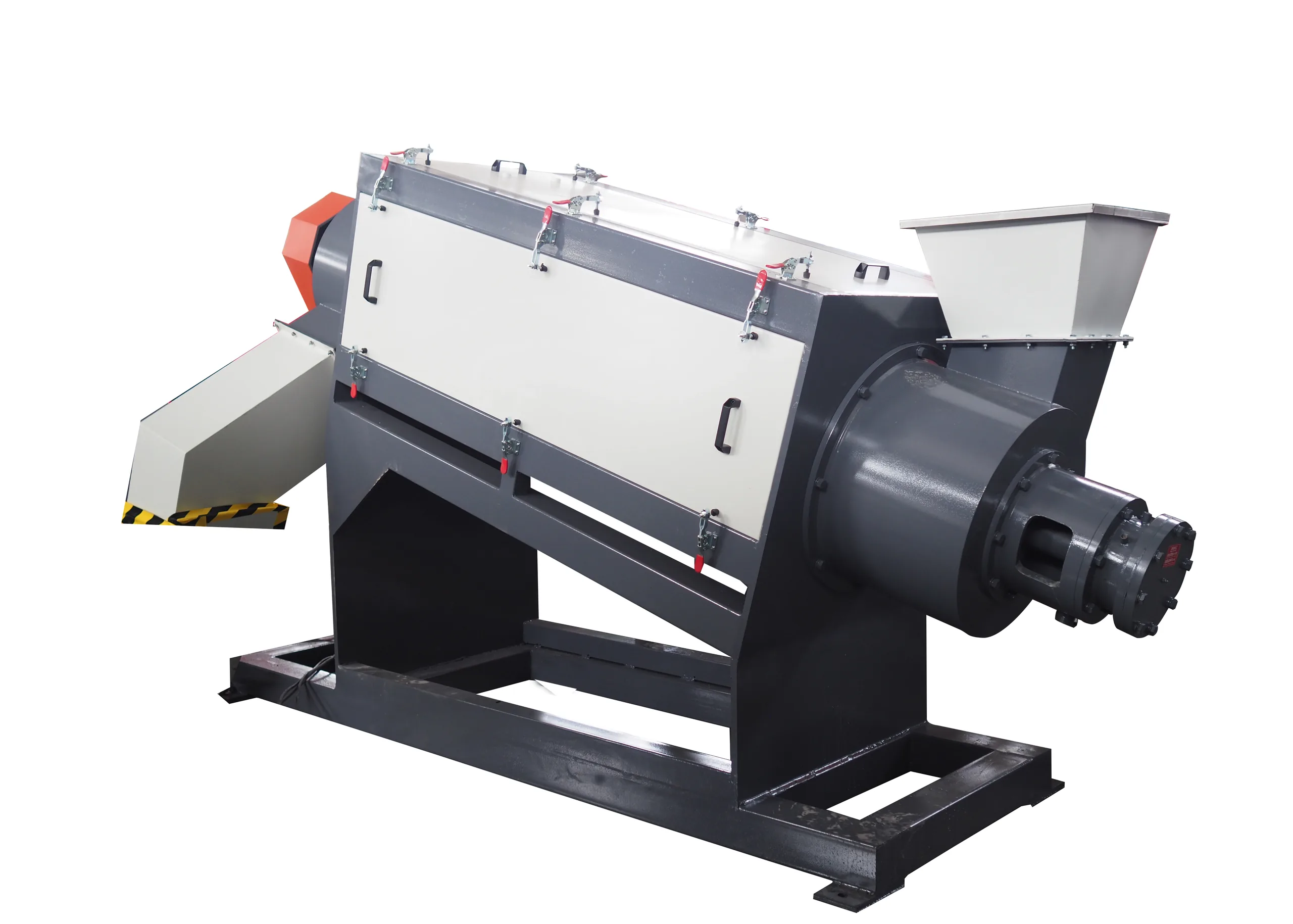 High speed friction washer with a long horizontal barrel on a black base frame and a stainless feed hopper on top.
