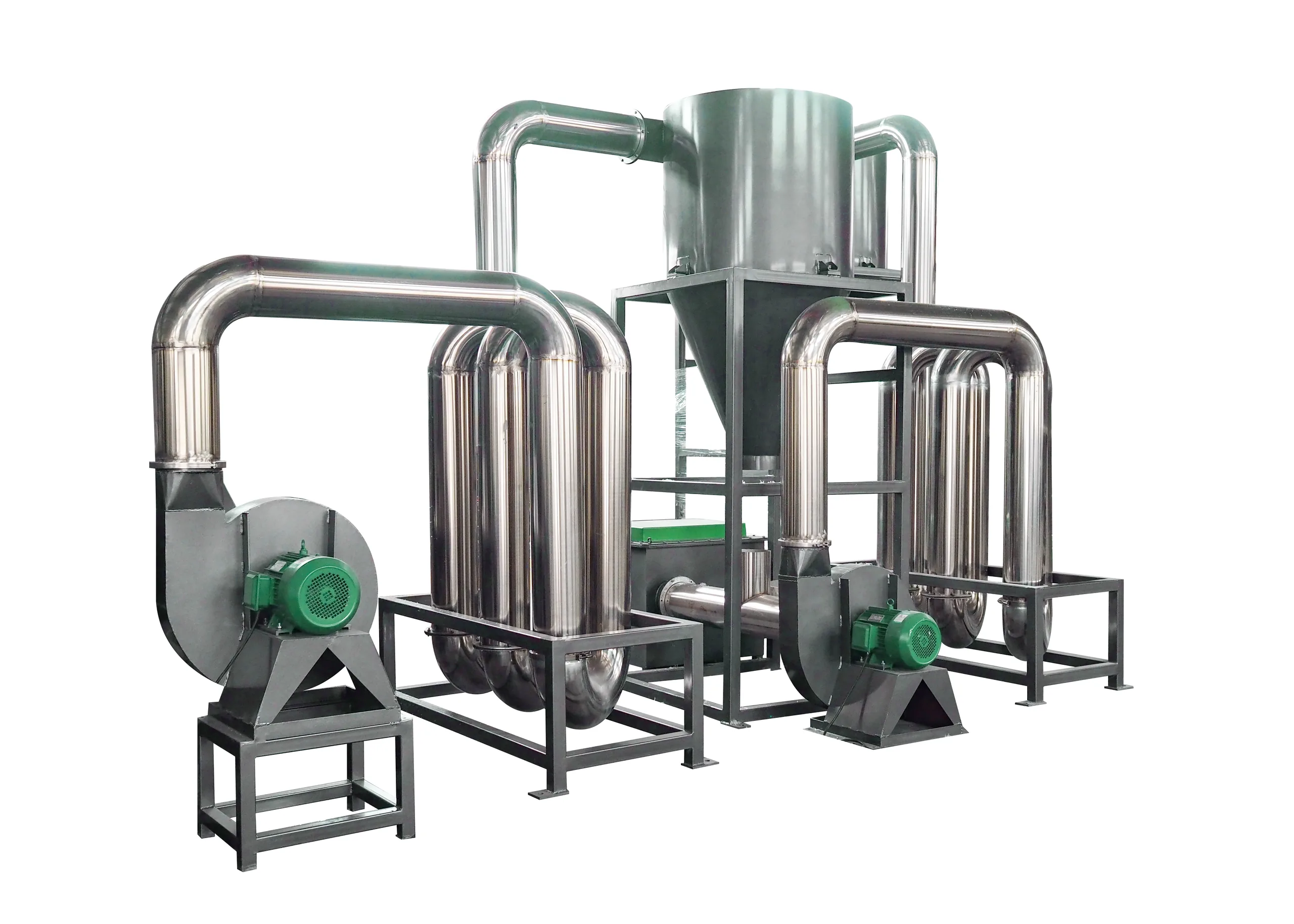 Hot air drying unit built from vertical stainless tubes, with two blowers on steel stands and a pair of cyclone separators.