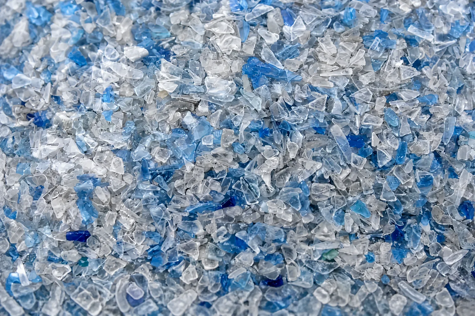 Close-up bed of washed PET bottle flakes, mostly water-clear and frosted white chips with pale blue and cobalt pieces scattered through.