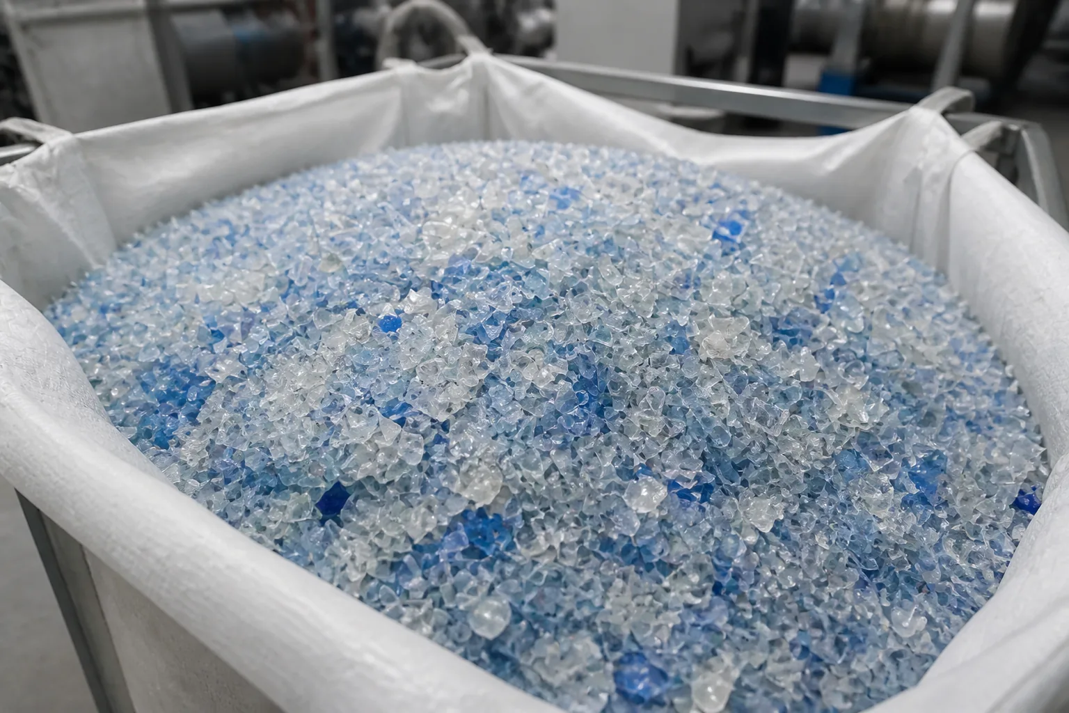 Open white woven bulk bag two thirds filled with clean blue and clear PET chips, standing in a steel filling frame inside a plant.