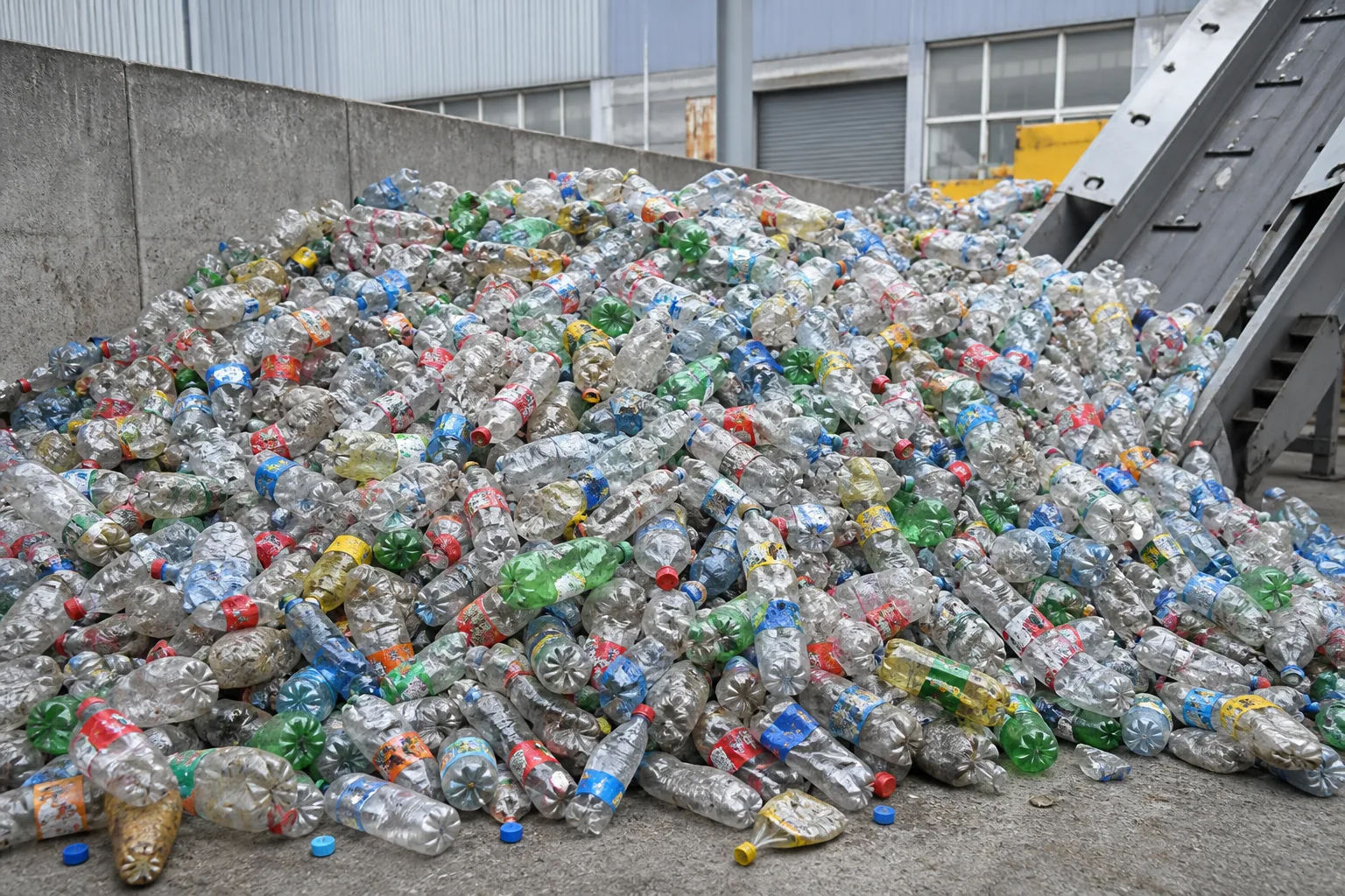 Loose heap of crushed post-consumer drink bottles banked against a concrete bunker wall beside the foot of a steel infeed conveyor.