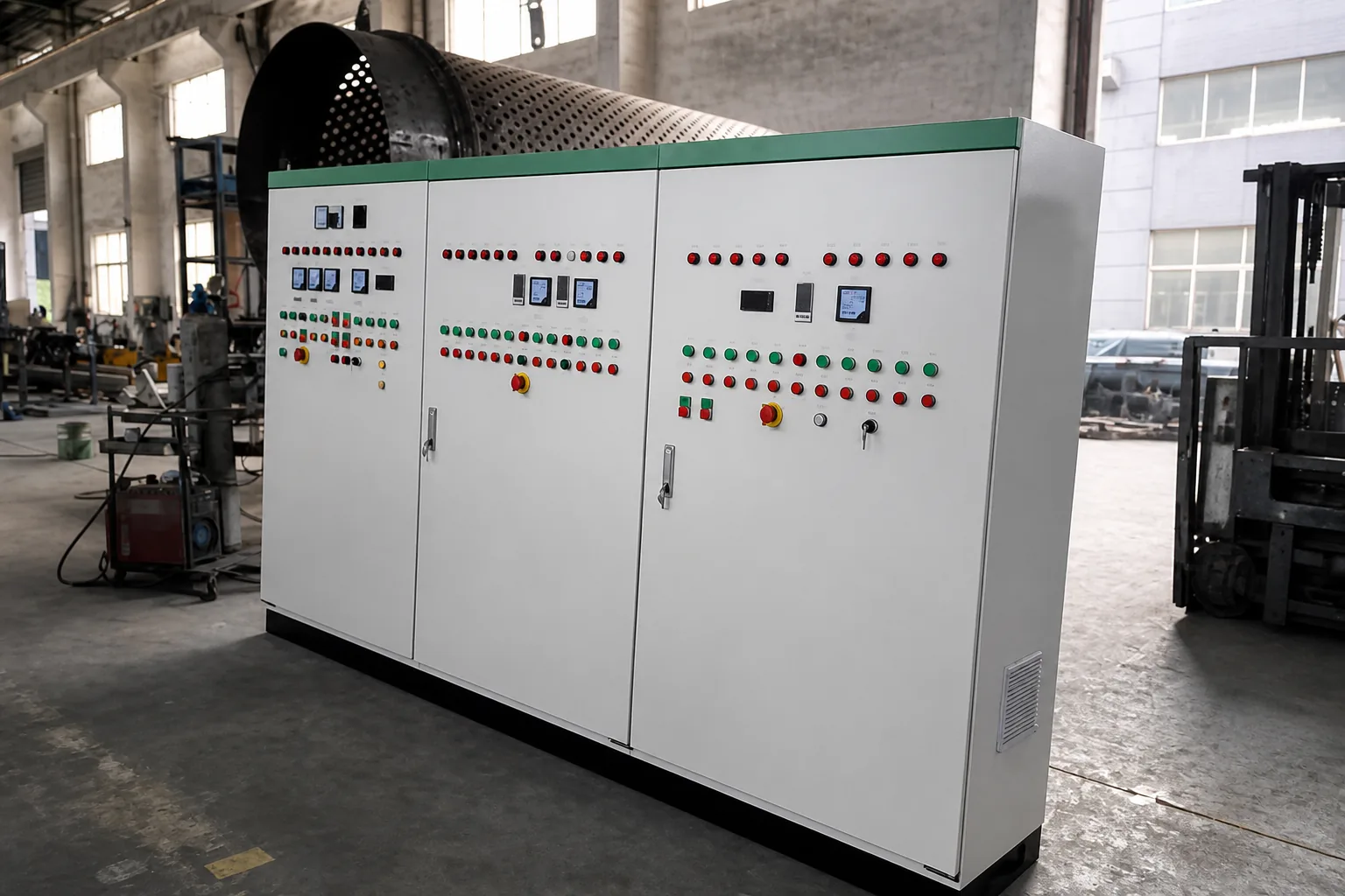 Three-bay pale grey control cabinet on a low plinth, its doors covered with rows of red and green indicator lamps, meters and selector switches.