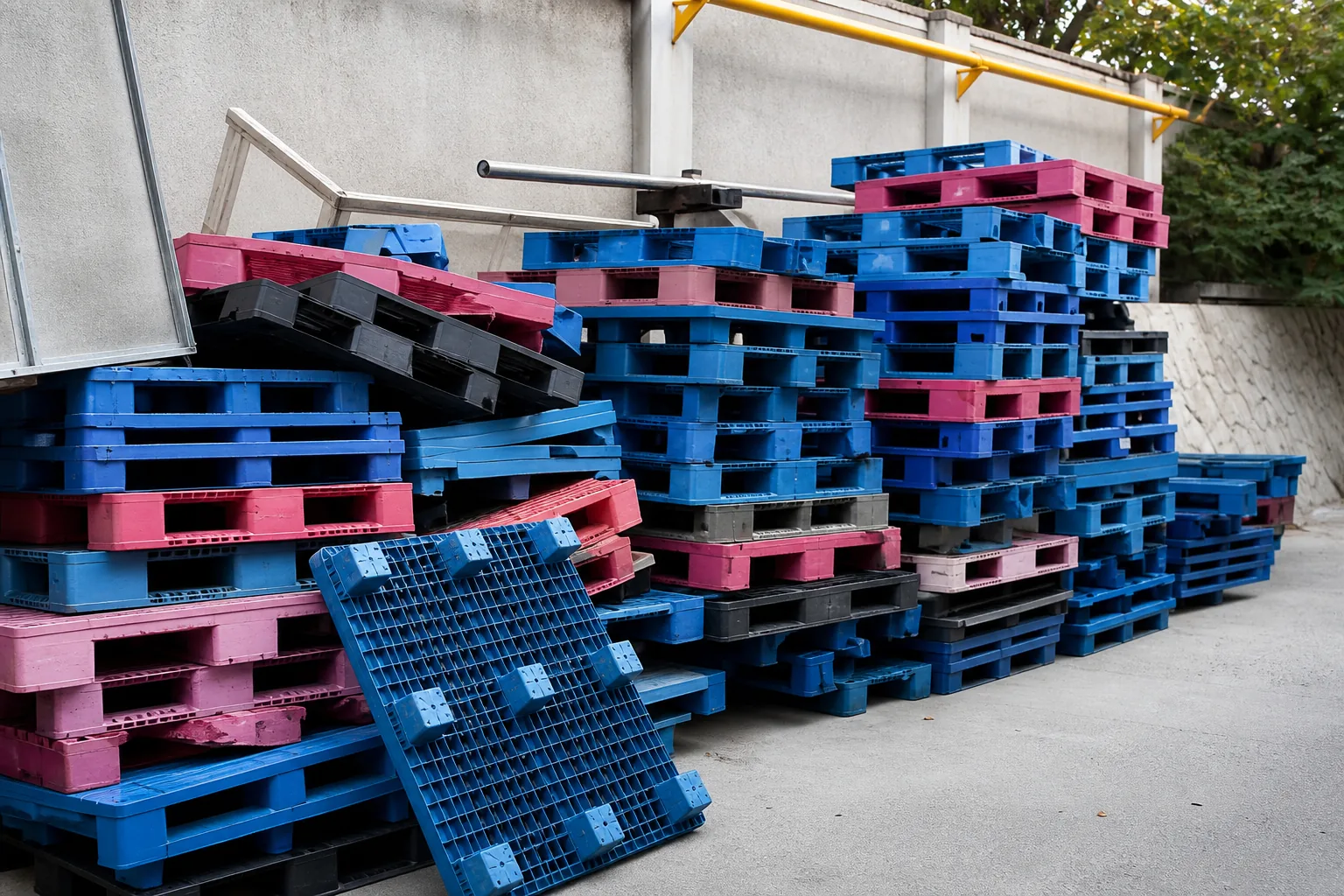Leaning stacks of used blue and pink moulded plastic pallets standing on a concrete apron against a plain wall.