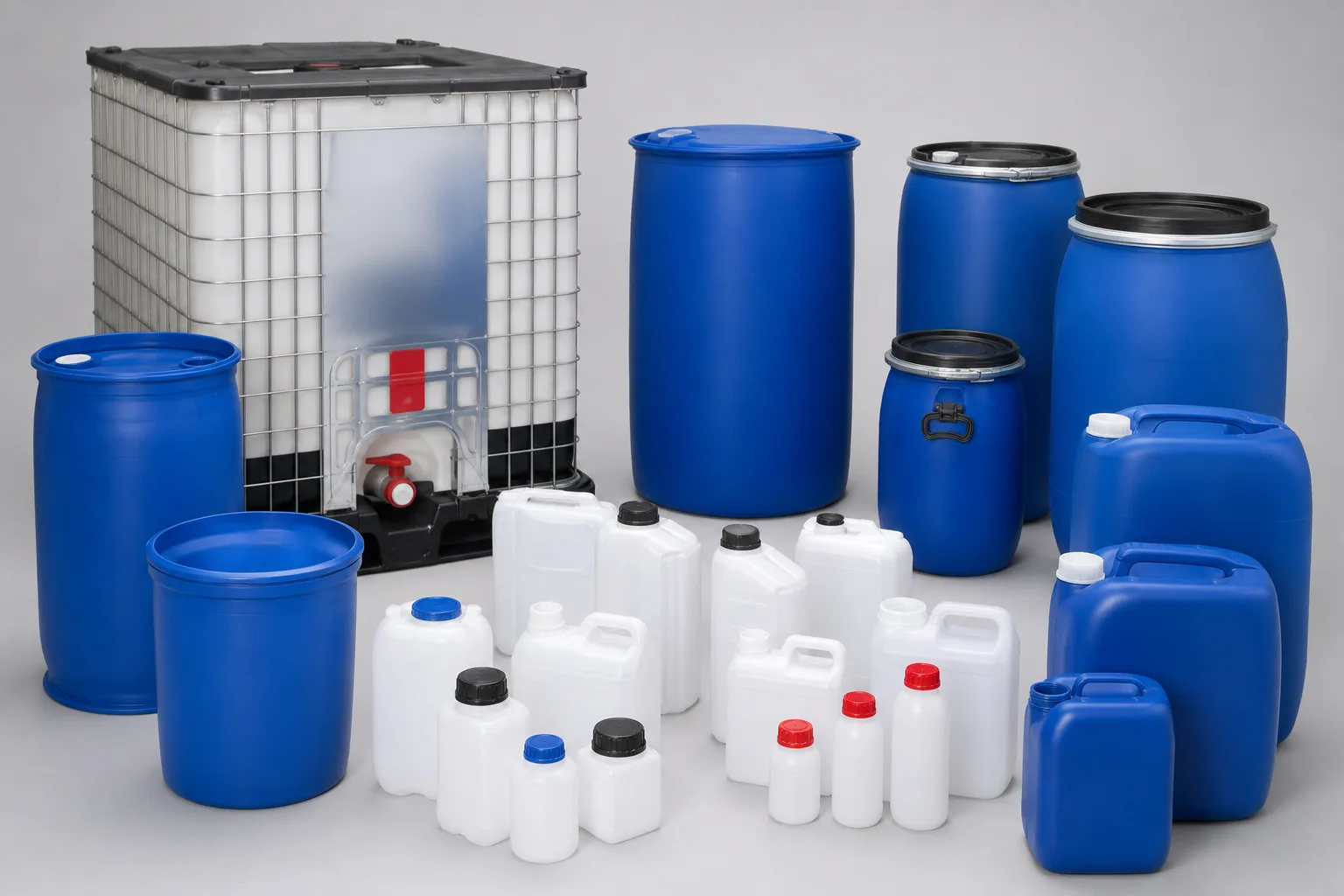 Group of empty blue plastic drums, a caged bulk container and white handled jerry cans arranged against a plain grey backdrop.
