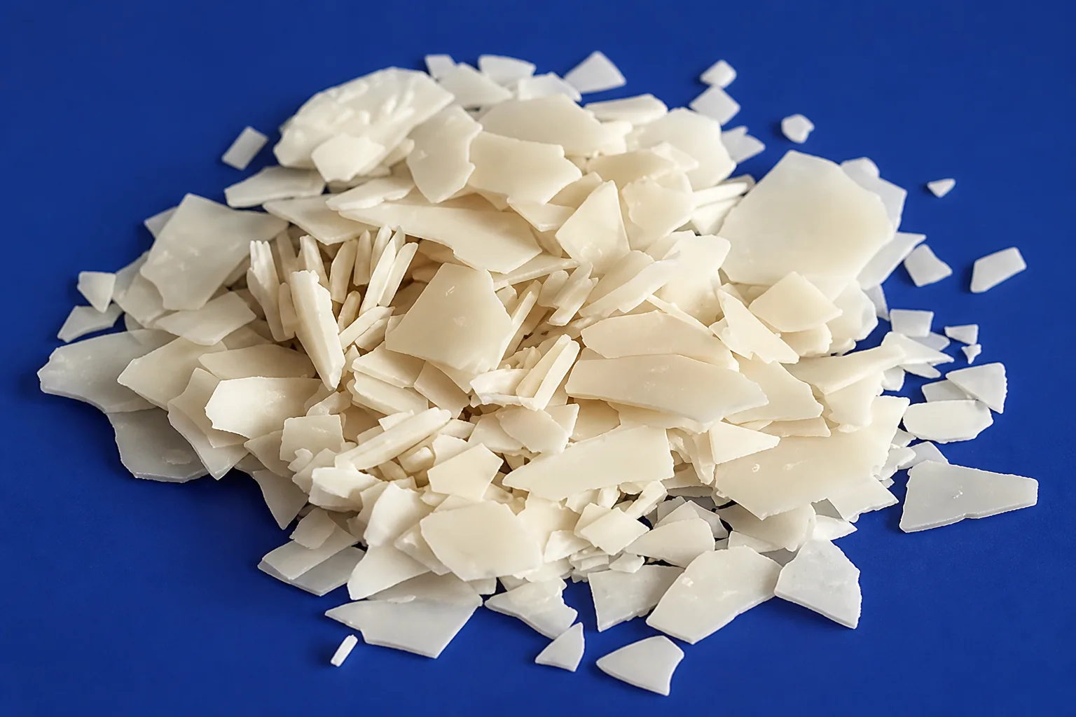 Low pile of washed natural cream-coloured rigid regrind, faintly translucent at its thinnest edges, on a deep blue surface.