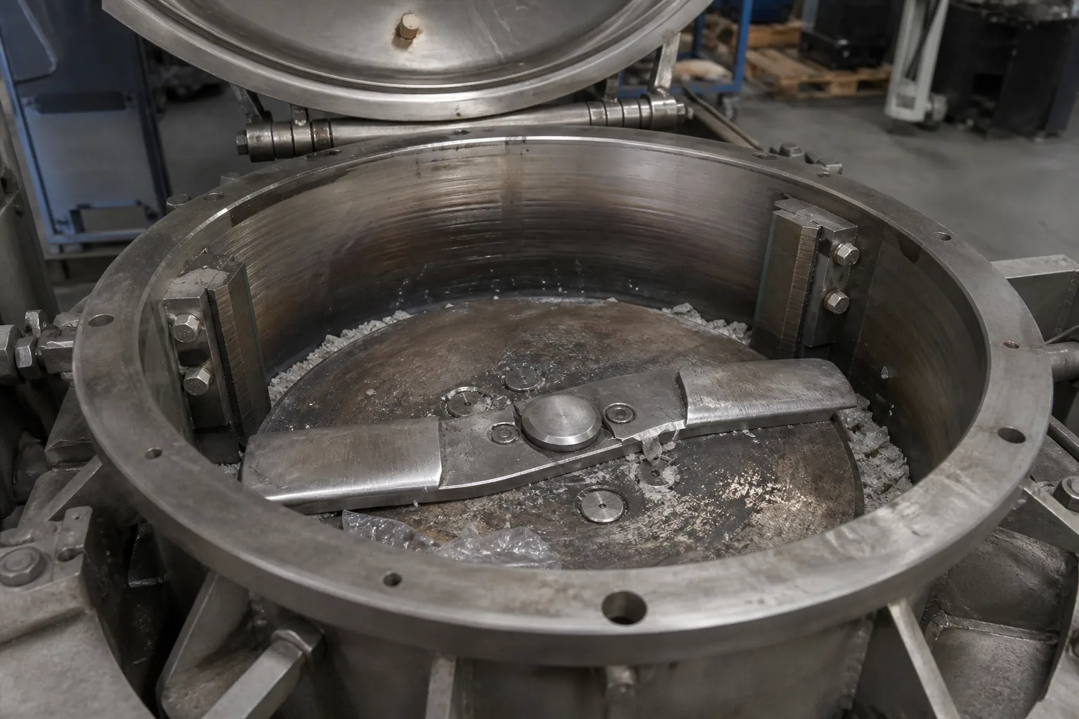 Open compactor cutting chamber seen from above, two radial blades on the rotating disc, counter-blades bolted to the chamber wall and pale plastic crumb across the disc face.