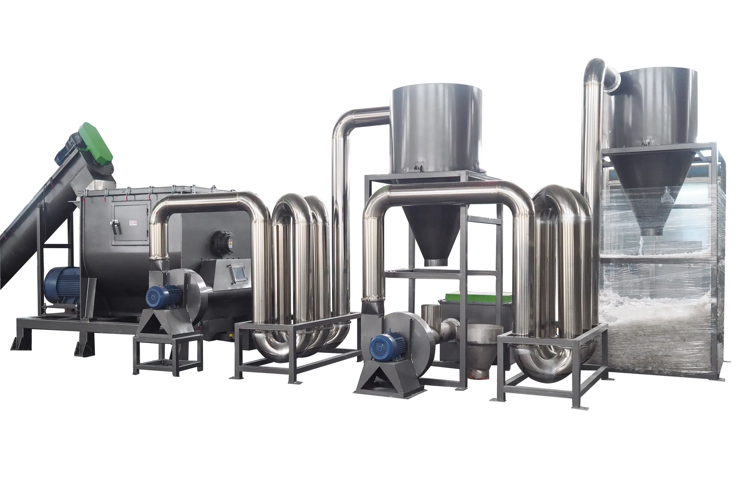 Drying section with horizontal centrifugal dryer, stainless U-bend pipe banks, blowers and two cyclone silos