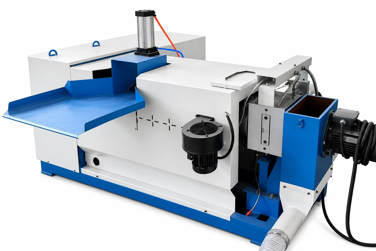 Compact LTG mini granulator with pneumatic film cutter on top, side cooling fan and blue feed tray