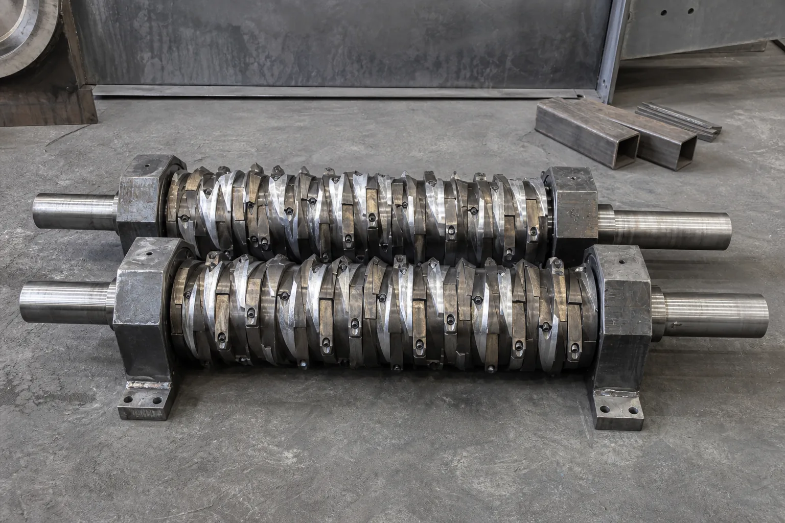 Two single-shaft shredder rotors on the workshop floor with helically bolted blades and machined journals