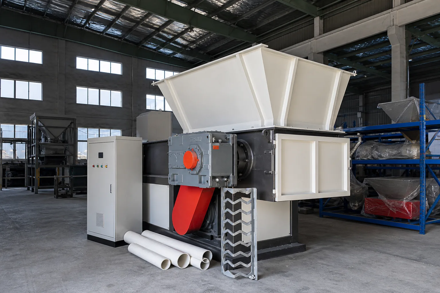 Large SS1000 single-shaft shredder with wide feed hopper and red belt guard beside white PVC pipe offcuts