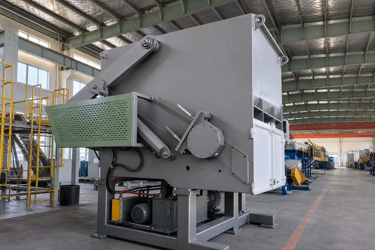 Large single-shaft shredder from the side showing the swing-arm hopper and hydraulic power pack below