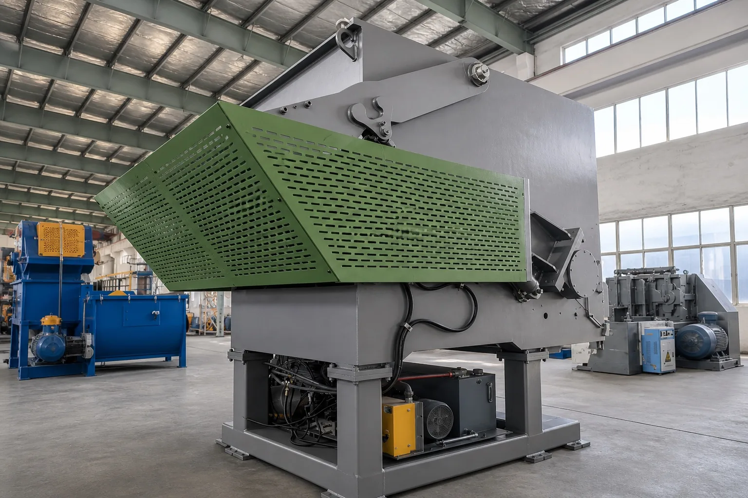 Shredder drive end with a large perforated green belt guard and yellow hydraulic pump unit underneath