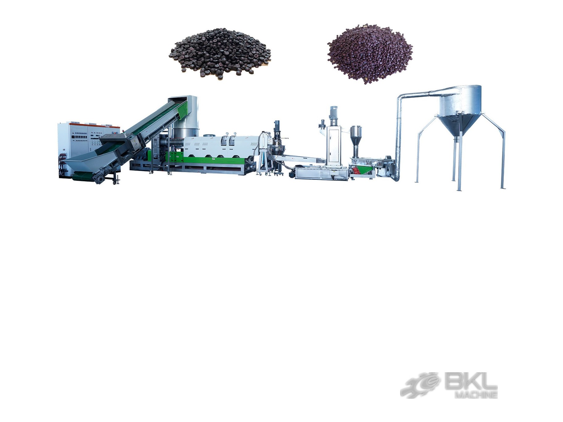 ML pelletizing line shown with two heaps of finished recycled pellets above the compactor and extruder train