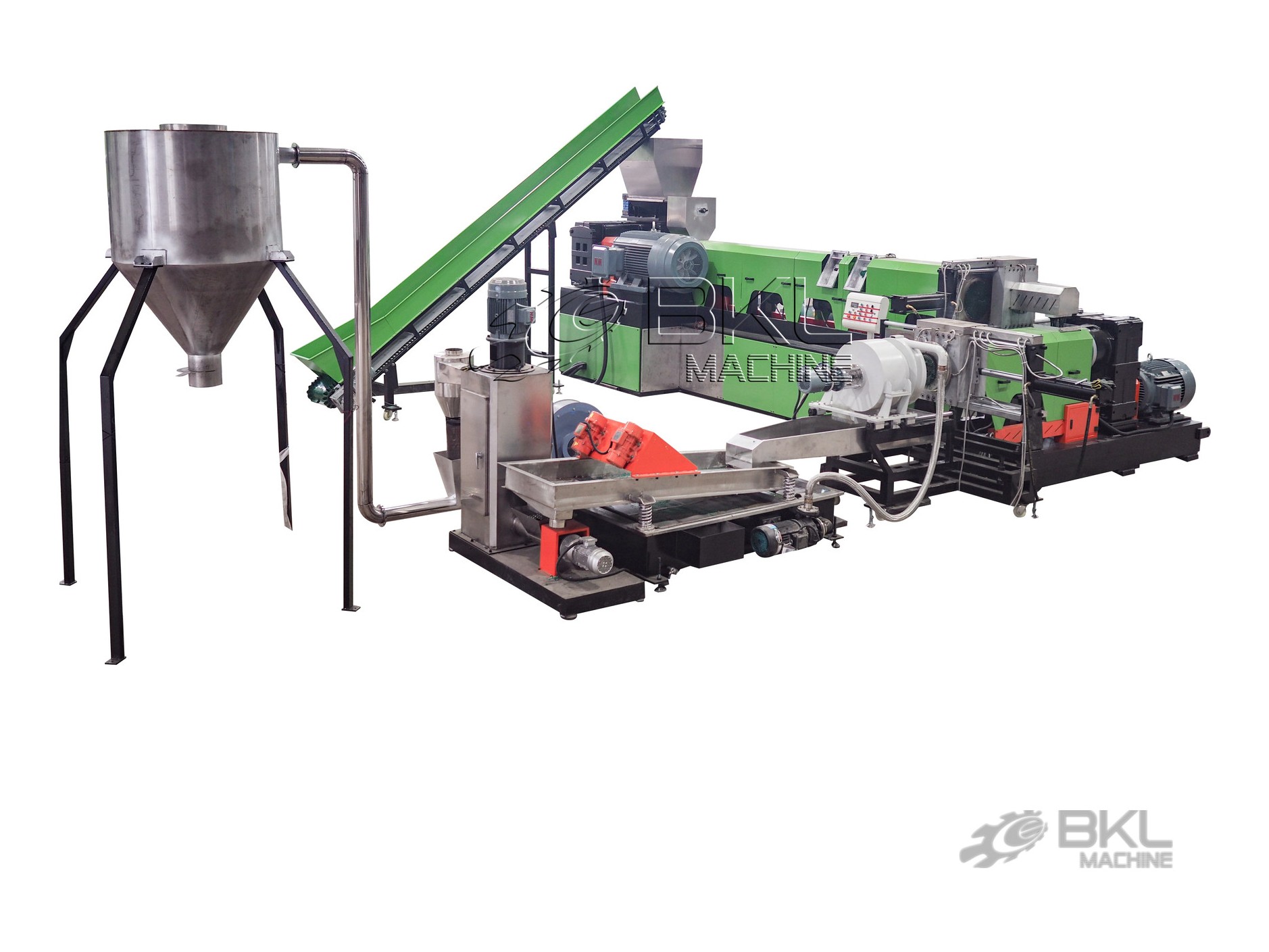Two-stage line seen from the discharge end with horizontal strand pelletizer and water cooling trough