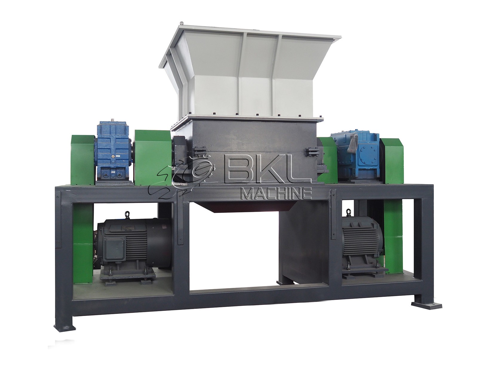 Two-rotor heavy duty shredder with a wide feed hopper above the cutting chamber and a gear-motor drive on each side of the frame