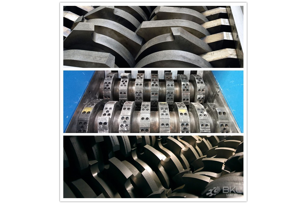 Three-panel detail of twin-shaft cutters showing interlocking hooked blades and bolt-on blade segments