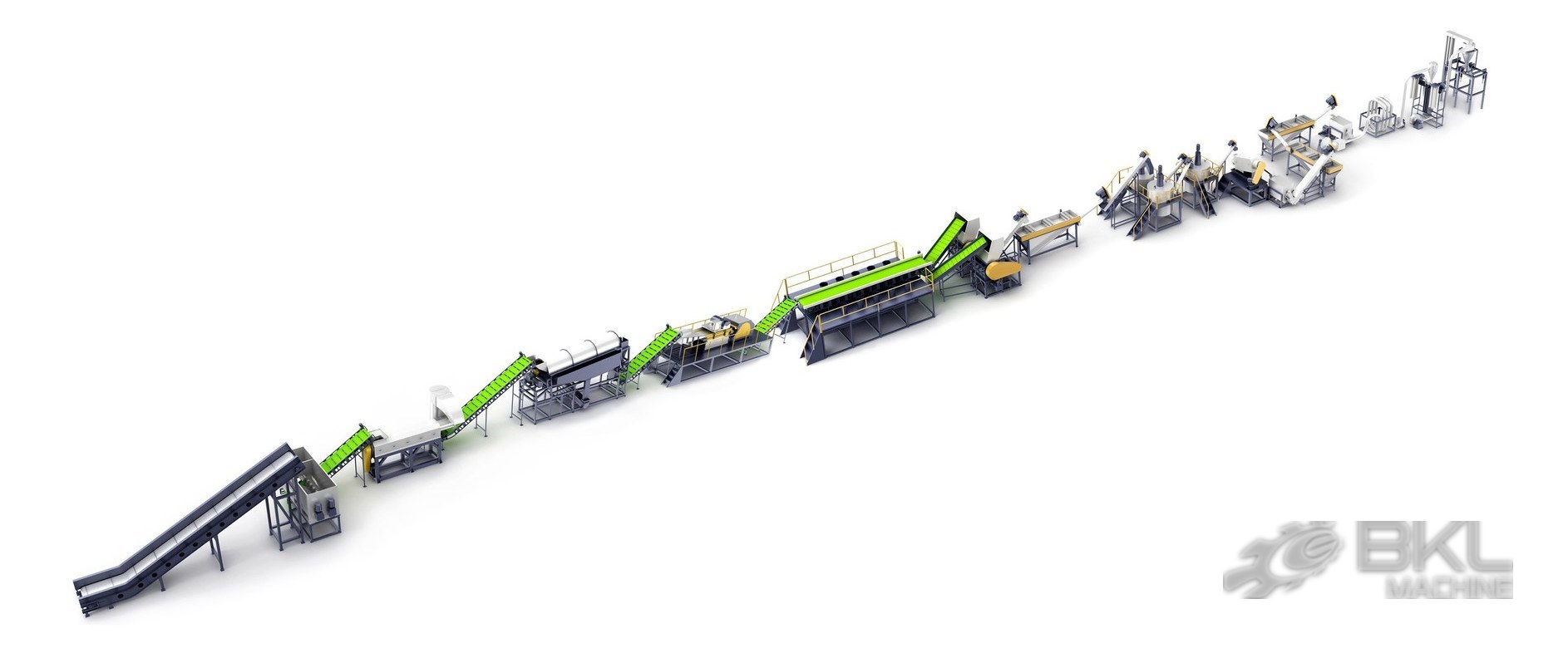 Straight-line 3D layout of a PET bottle-to-flake washing line with sorting platform and conveyors