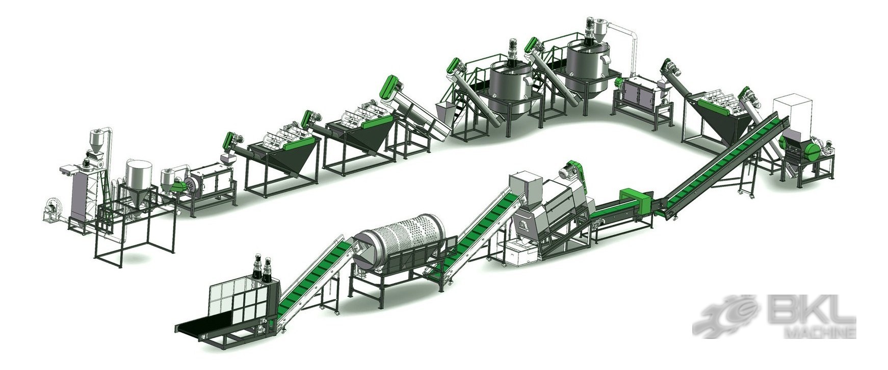 3D layout of a complete PET bottle washing line from bale infeed through hot wash tanks to drying
