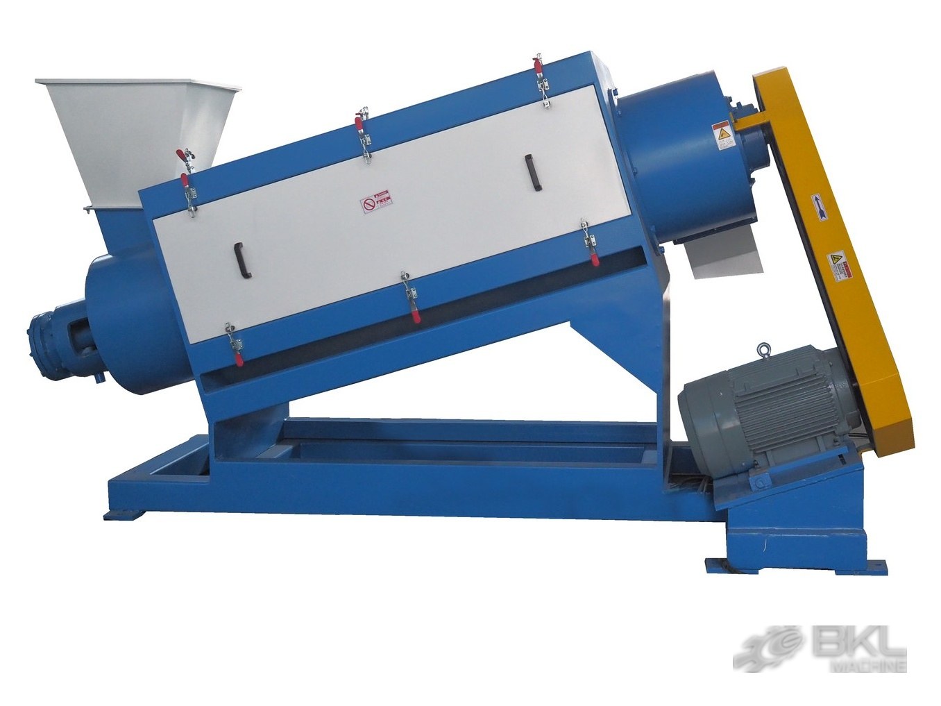 High-speed friction washer mounted on an inclined blue frame with clamped inspection panel and feed hopper
