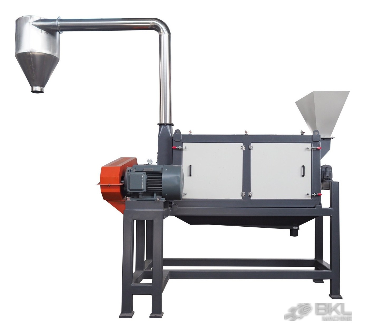 Horizontal drum machine with white inspection doors, stainless feed hopper and cyclone discharge duct