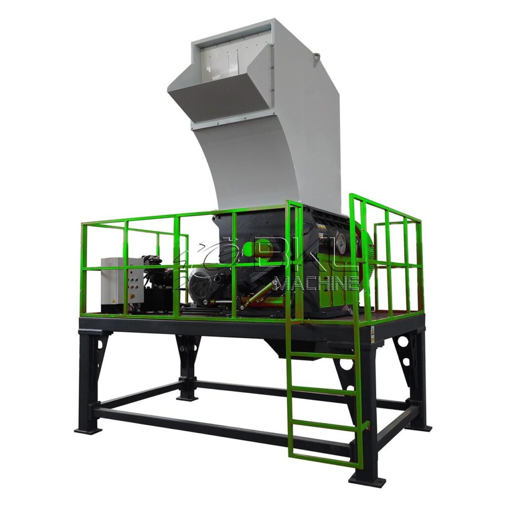 HVC heavy-duty plastic crusher with large inclined feed hopper, safety railing and steel base frame