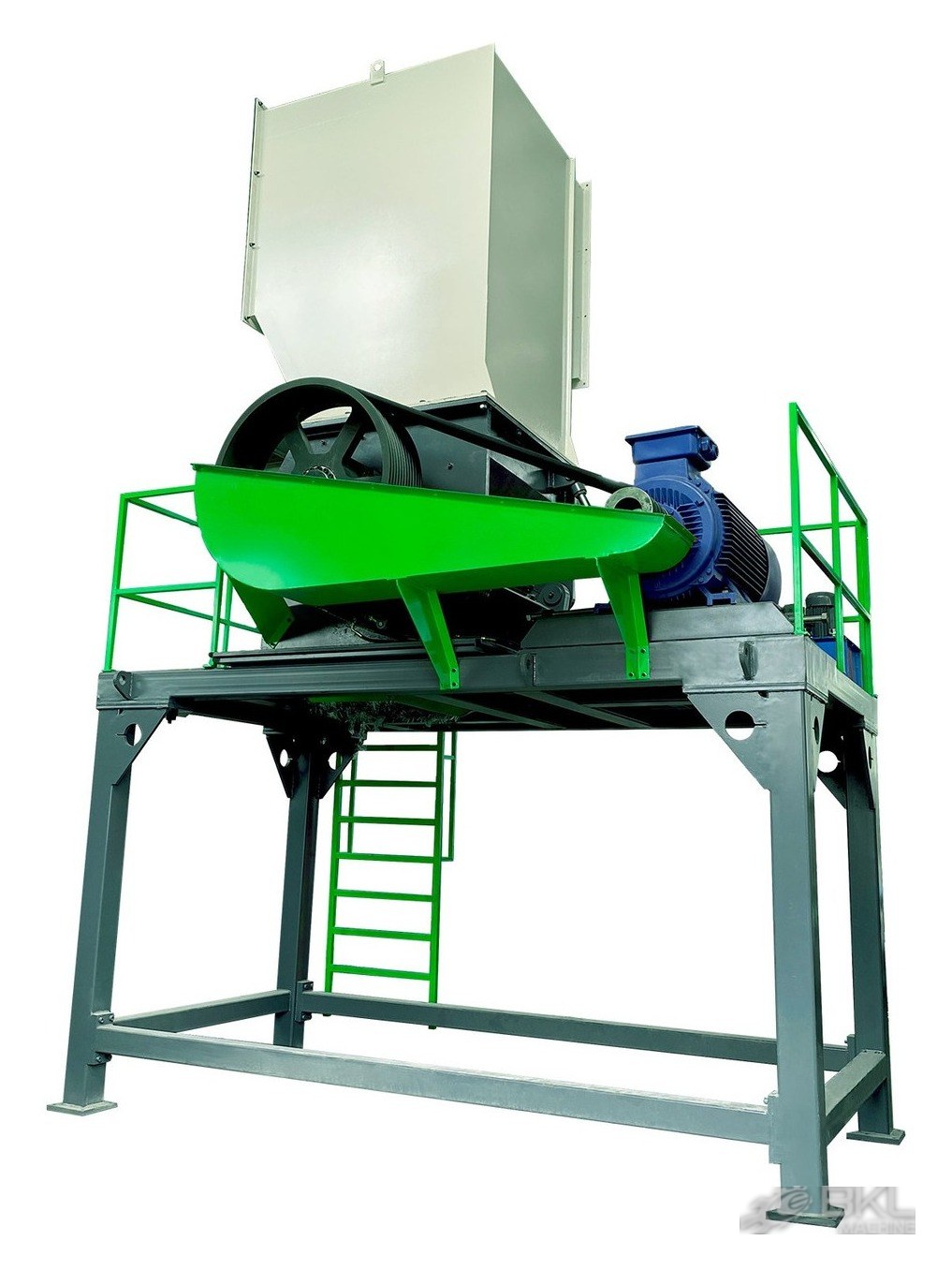 HVC plastic crusher with green side feed chute, belt-driven flywheel and blue main motor