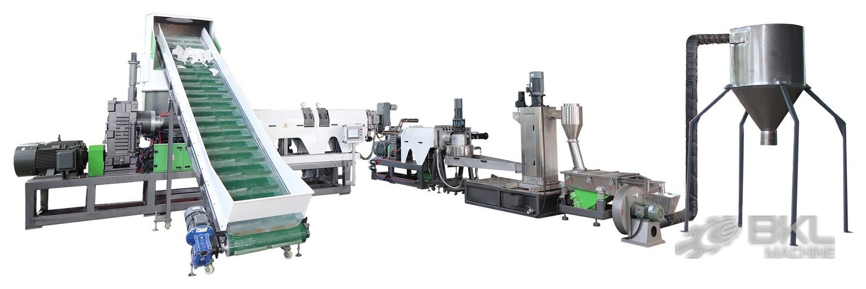 ML pelletizing line with cutter compactor, green infeed conveyor carrying film scrap and stainless silo