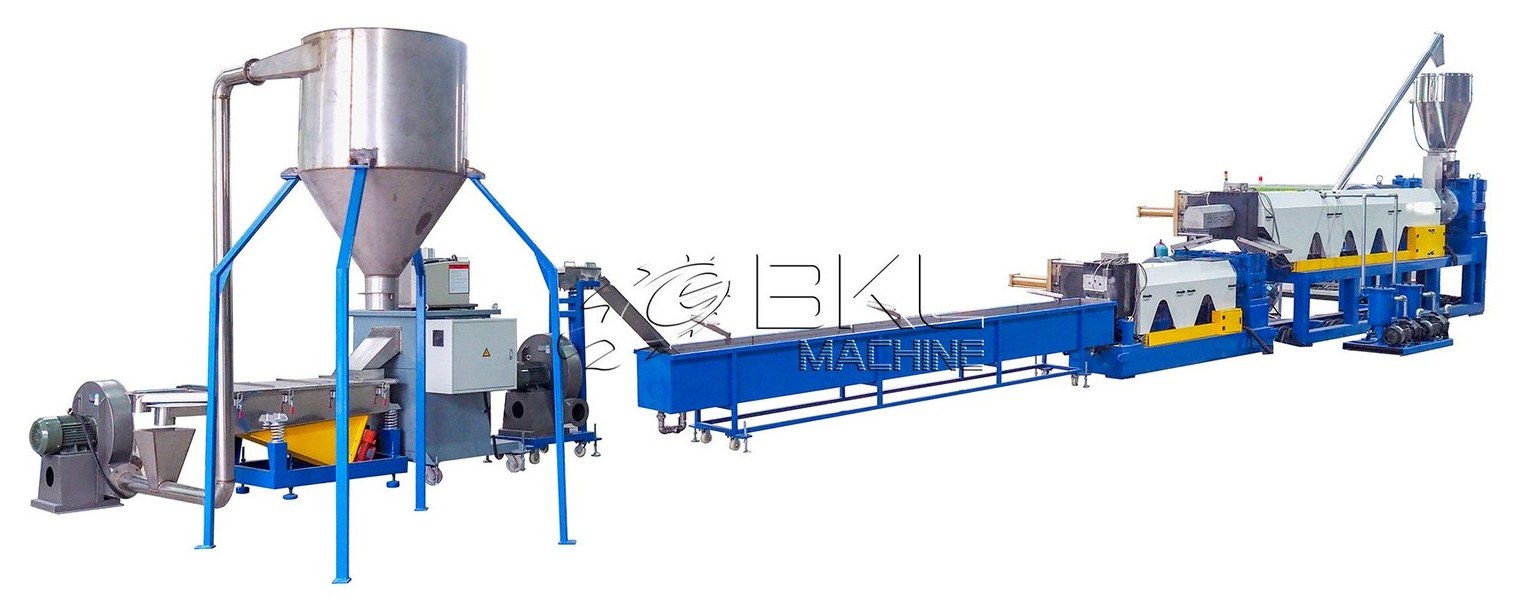 Complete SJ pelletizing line layout with extruders, long water cooling trough, vibrating screen and silo
