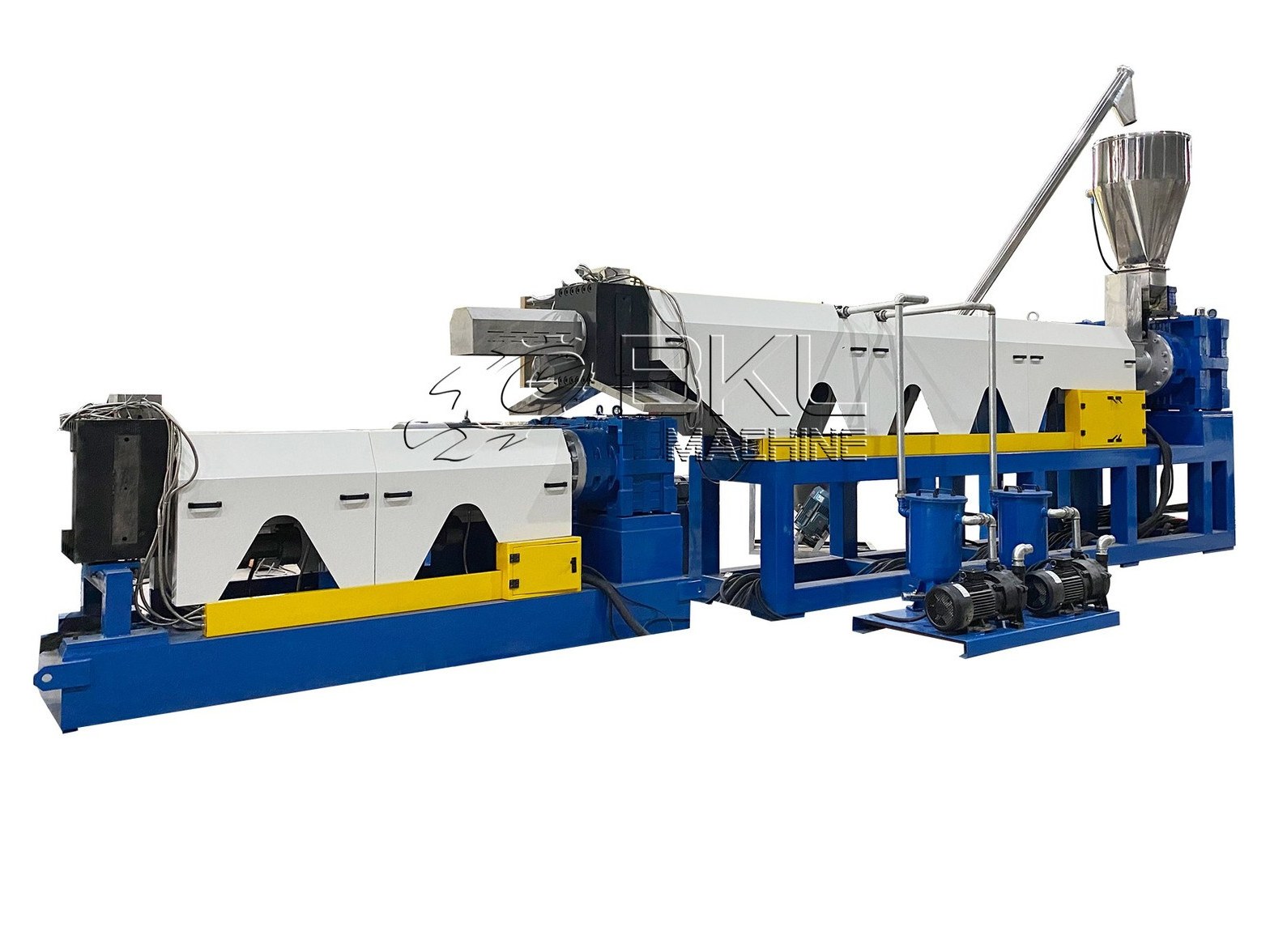 Two-stage SJ pelletizing line with main extruder, side feeder hopper, vacuum pumps and baby extruder