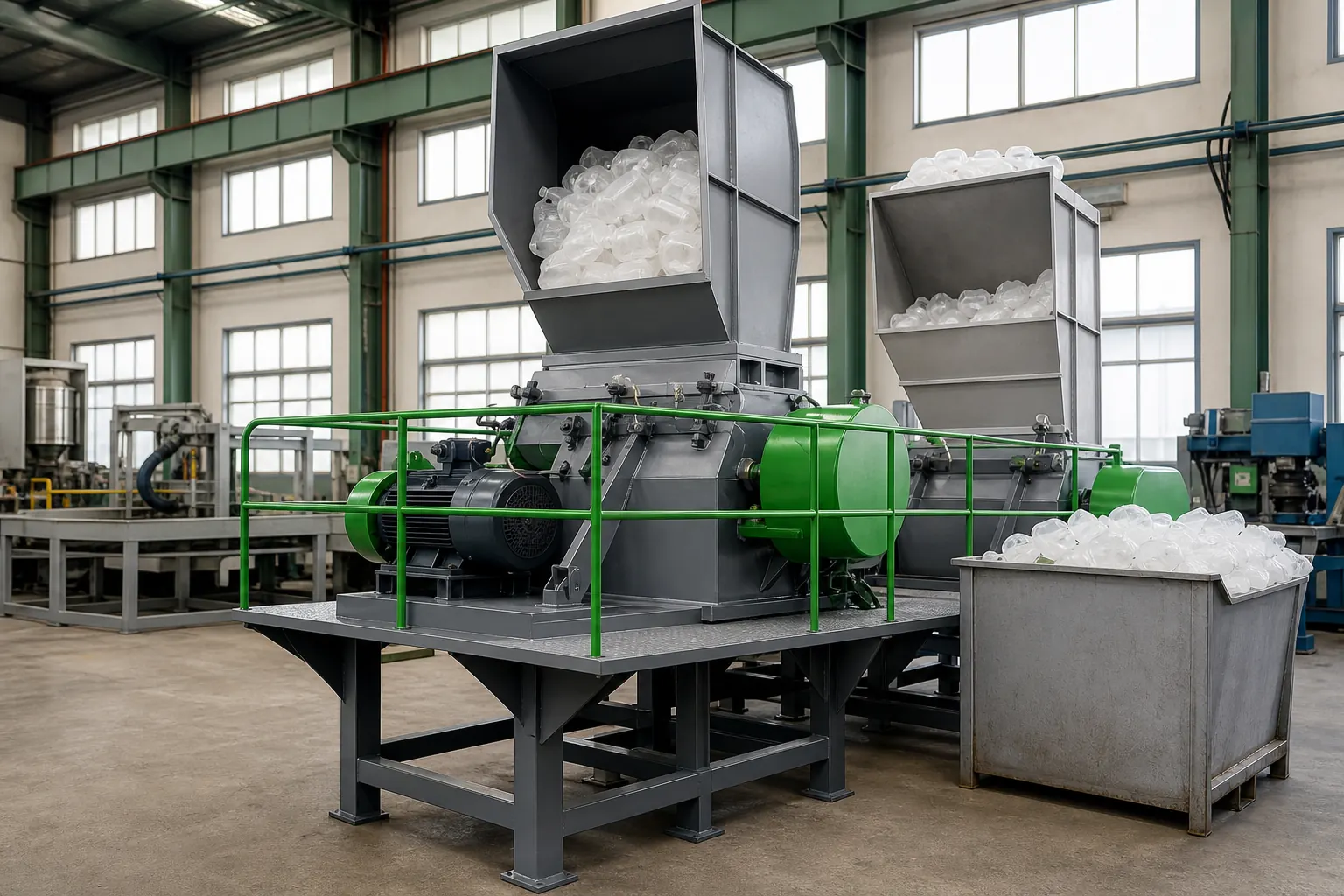 Crusher processing natural HDPE milk bottles kept separate from coloured containers at BKL-MACHINE