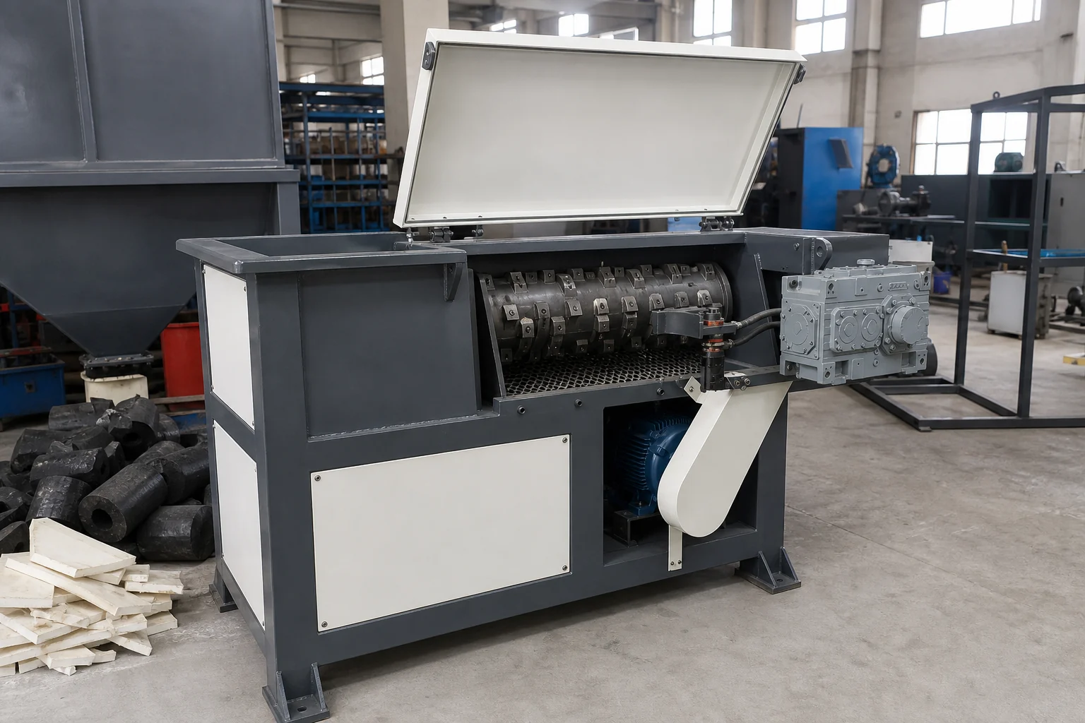 Thick HDPE purge lumps and board offcuts loading a single shaft shredder rotor at BKL-MACHINE