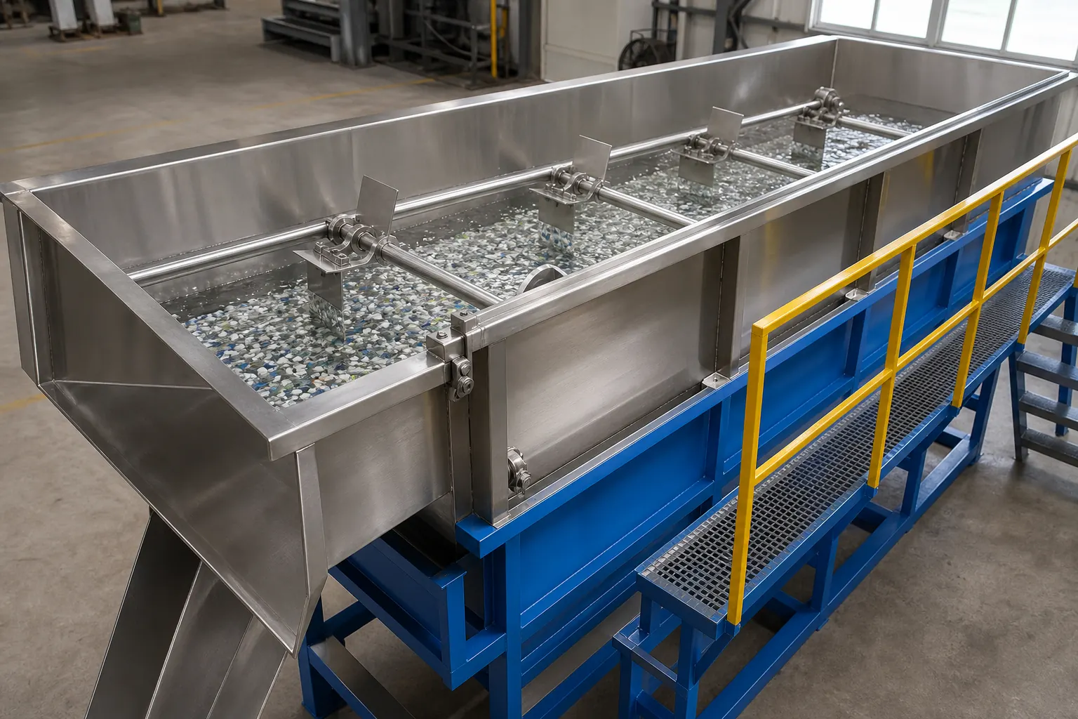 Sink float tank with HDPE flake floating on the surface while glass sand and PET sink at BKL-MACHINE