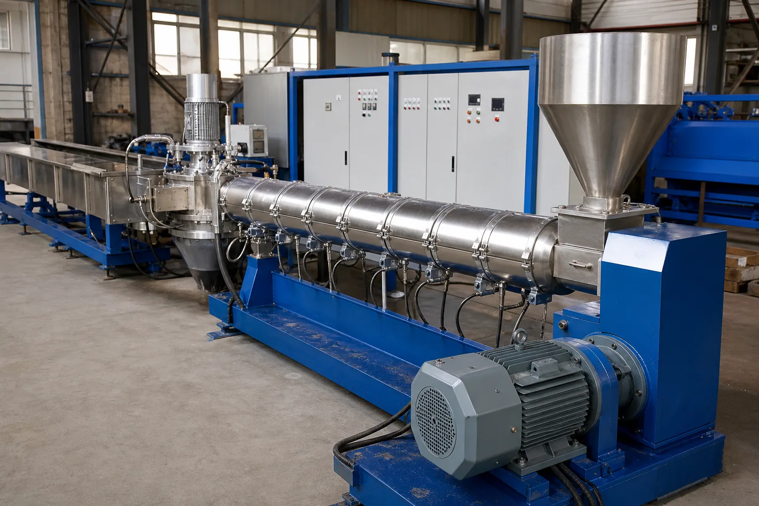 Single screw pelletizing line converting washed HDPE flake into recycled pellets at BKL-MACHINE