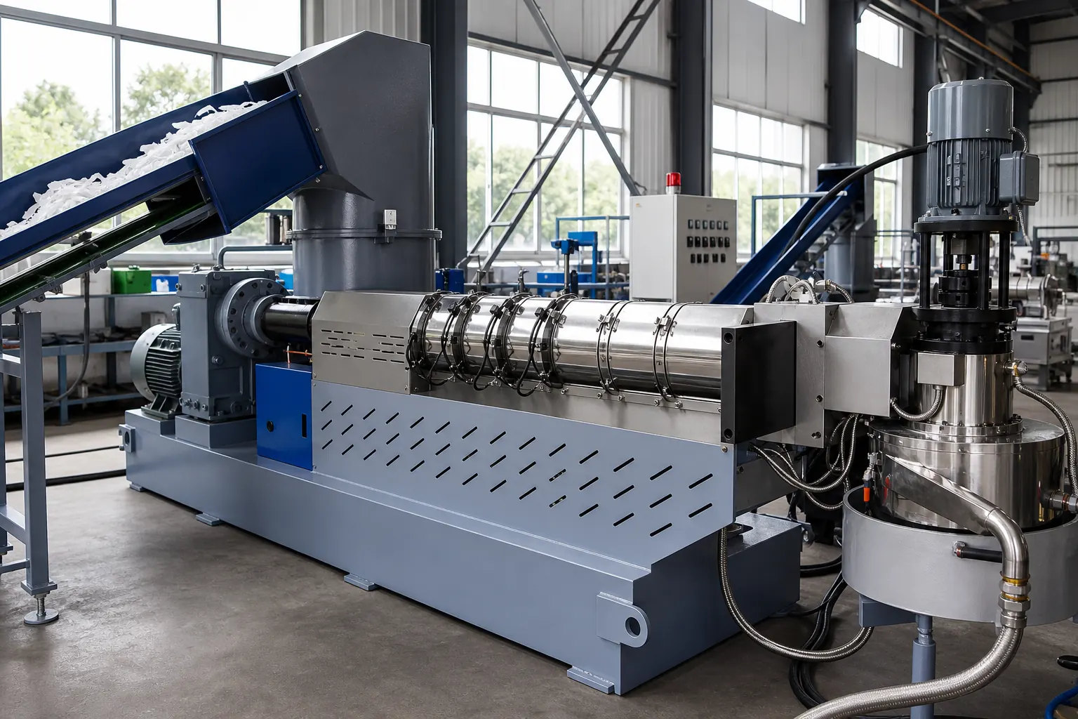 Clean post-industrial offcuts feeding a granulating line without a washing stage at BKL-MACHINE
