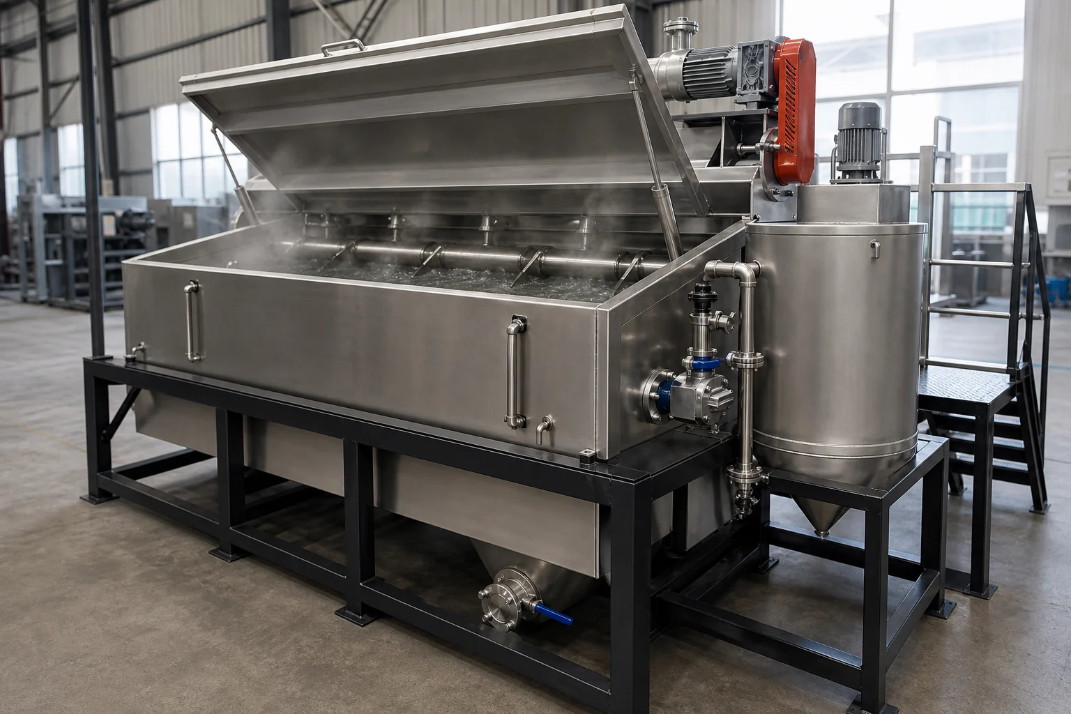 Stainless steel hot washing tank running at 85 to 95 degrees with alkali dosing by BKL-MACHINE