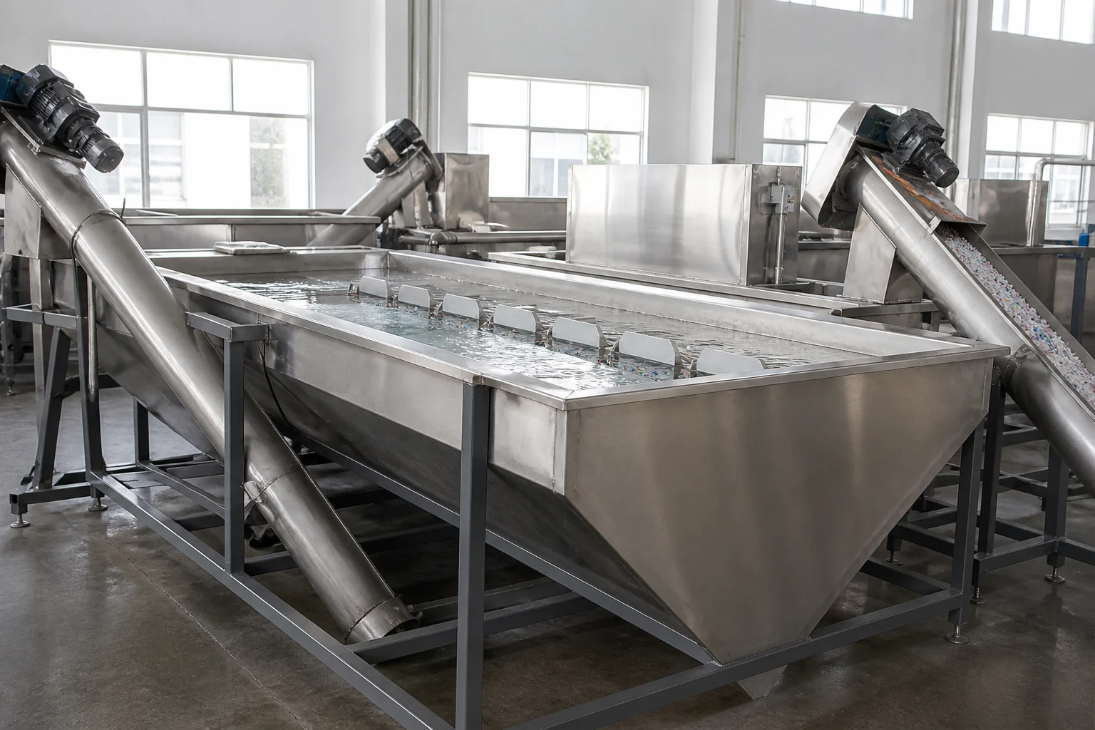 Long stainless cold rinse tank with a discharge screw carrying washed flake out at BKL-MACHINE