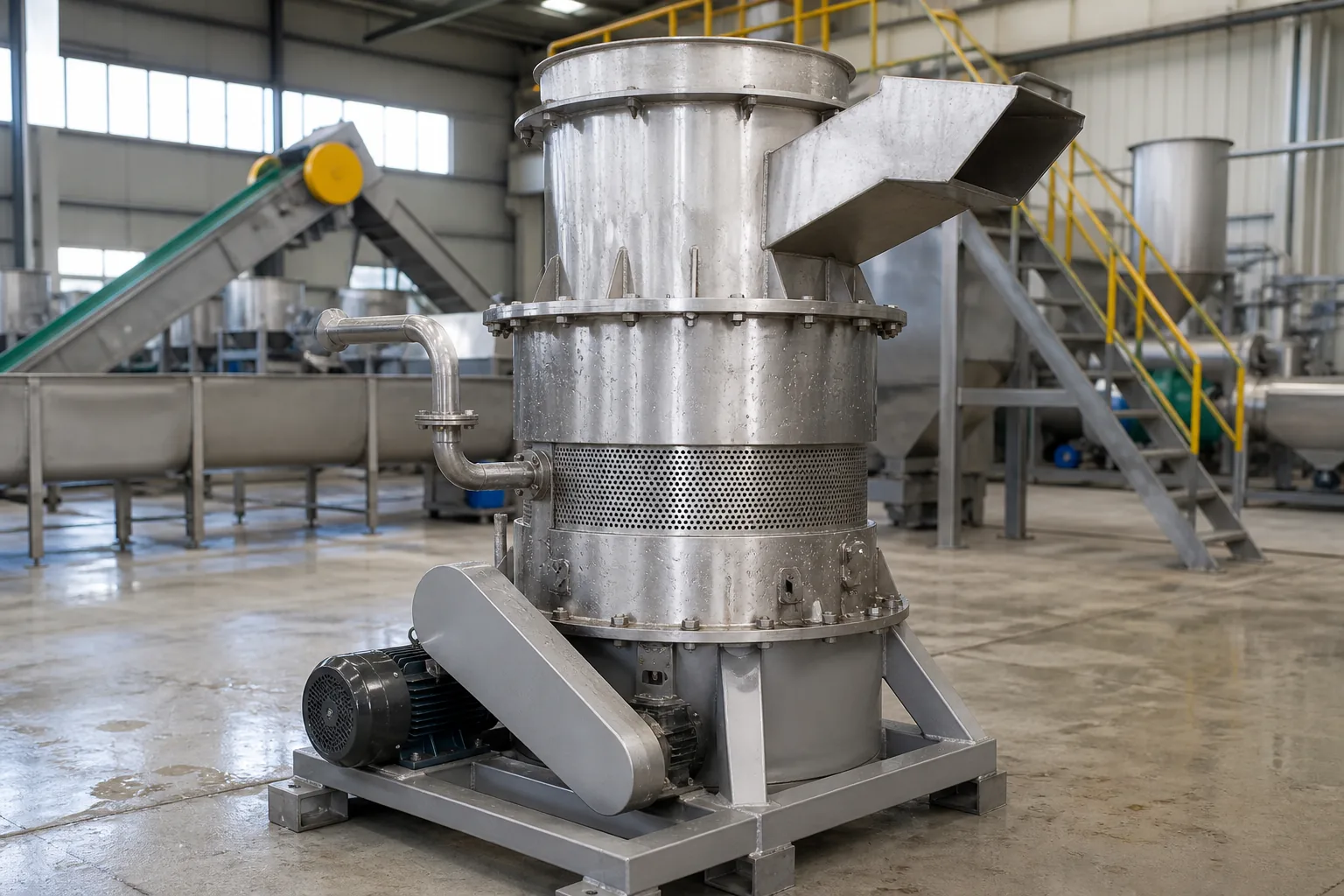 High-speed friction washer scrubbing flake mechanically against its screens at BKL-MACHINE