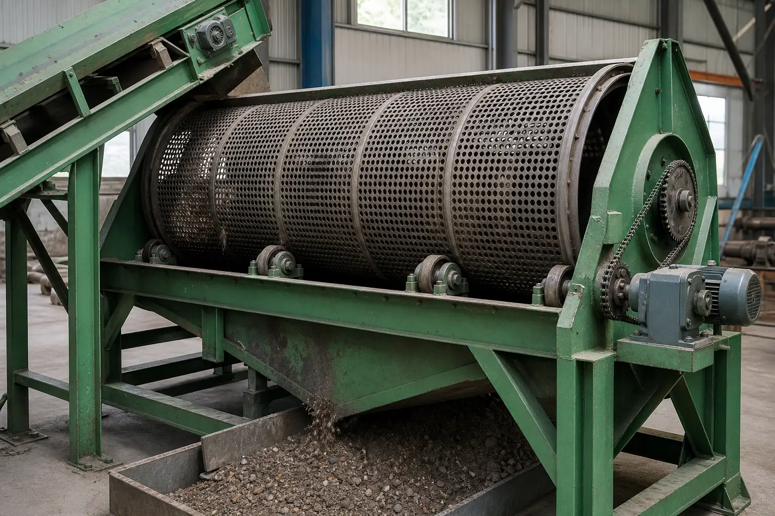 Pre wash drum taking loose soil and stones off agricultural film before the shredder at BKL-MACHINE