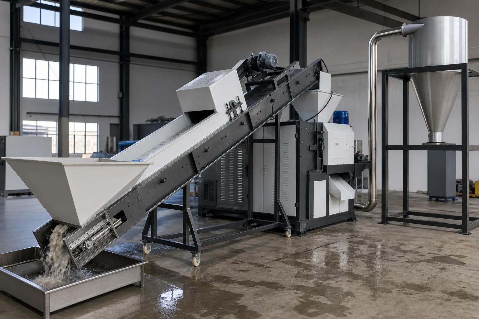 Squeezer densifier pressing water out of washed LDPE film under pressure and heat at BKL-MACHINE