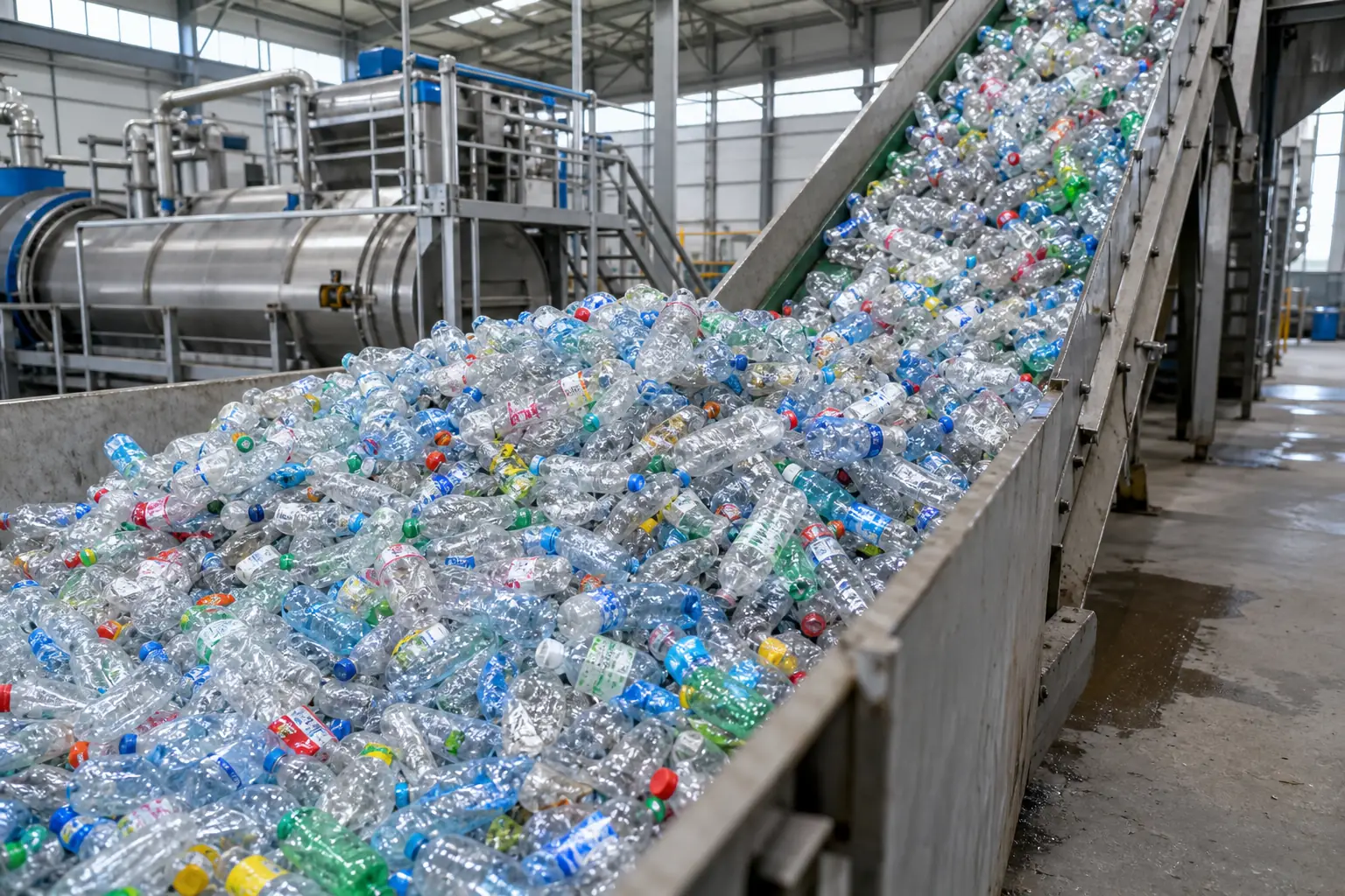 Post-consumer PET bottles arriving mixed and labelled at the head of a washing line by BKL-MACHINE