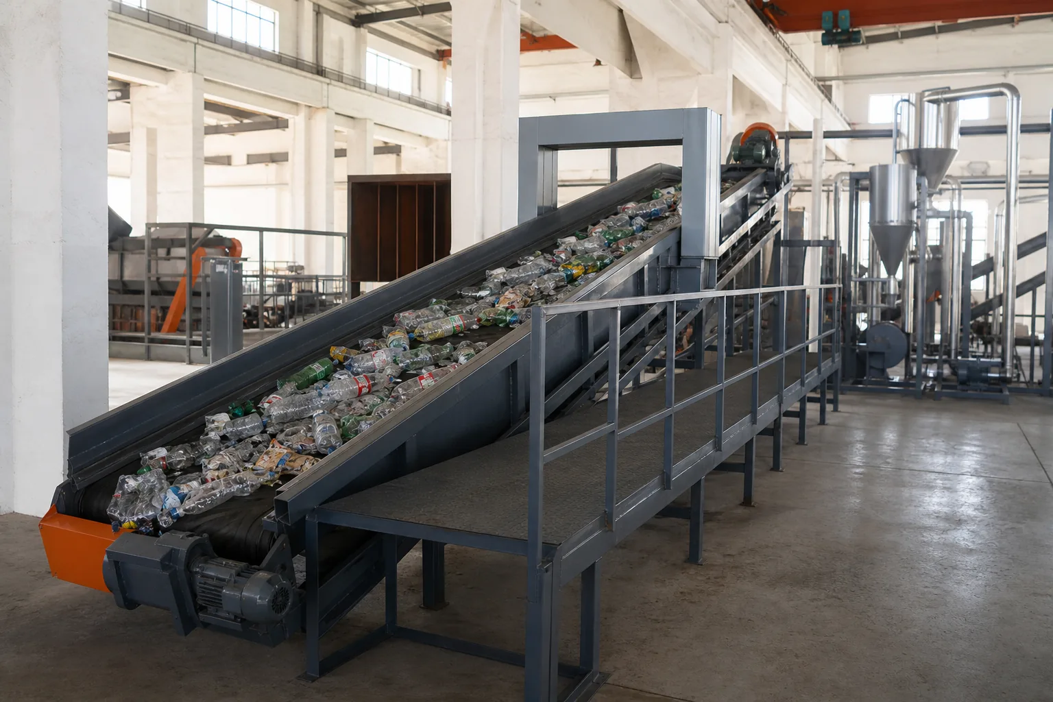 Inclined sorting belt carrying mixed post-consumer bottles past the pick station at BKL-MACHINE
