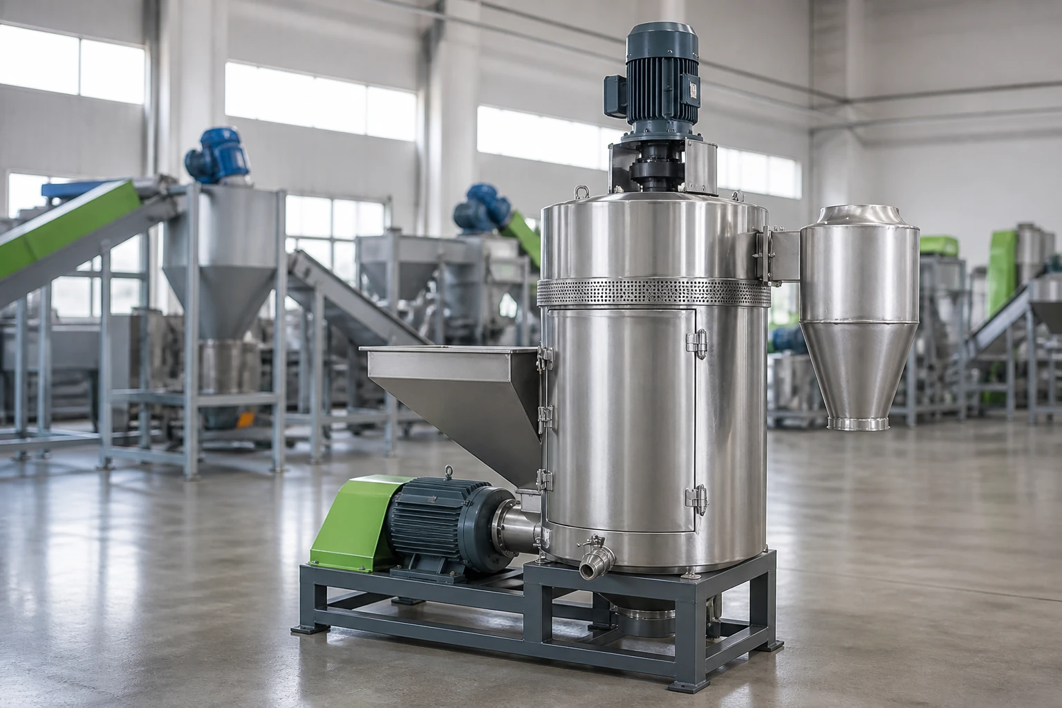 Vertical centrifugal dryer and cyclone taking washed flake down to low residual moisture at BKL-MACHINE