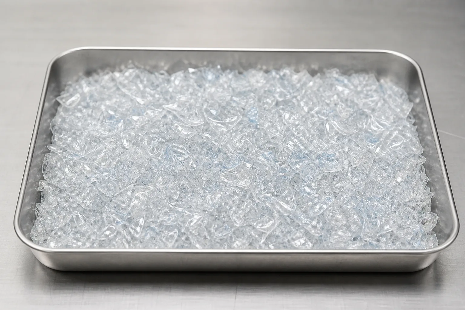Tray of clear washed PET flake at the purity a food-grade buyer accepts, produced at BKL-MACHINE